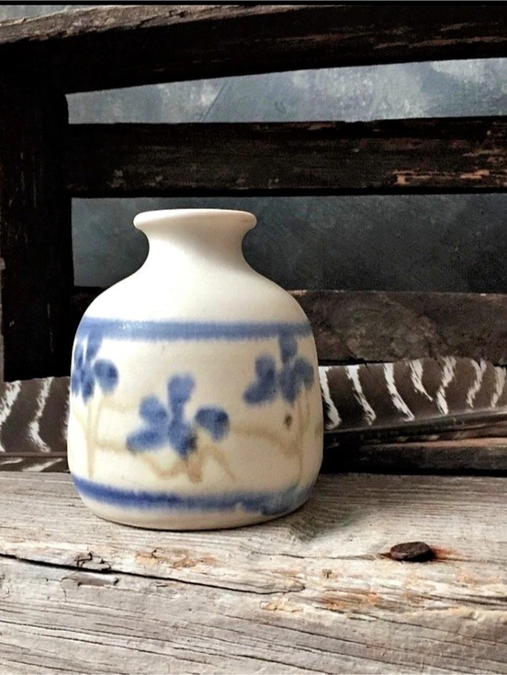 Studio Art Pottery Signed Handmade Ceramic Floral Vase in White & Blue